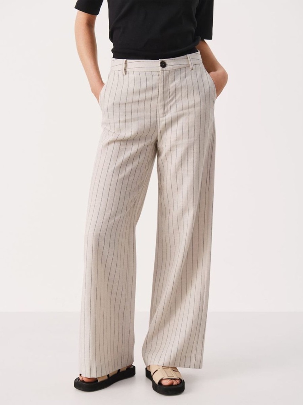 Wide-Leg Pinstripe Trousers in Beige